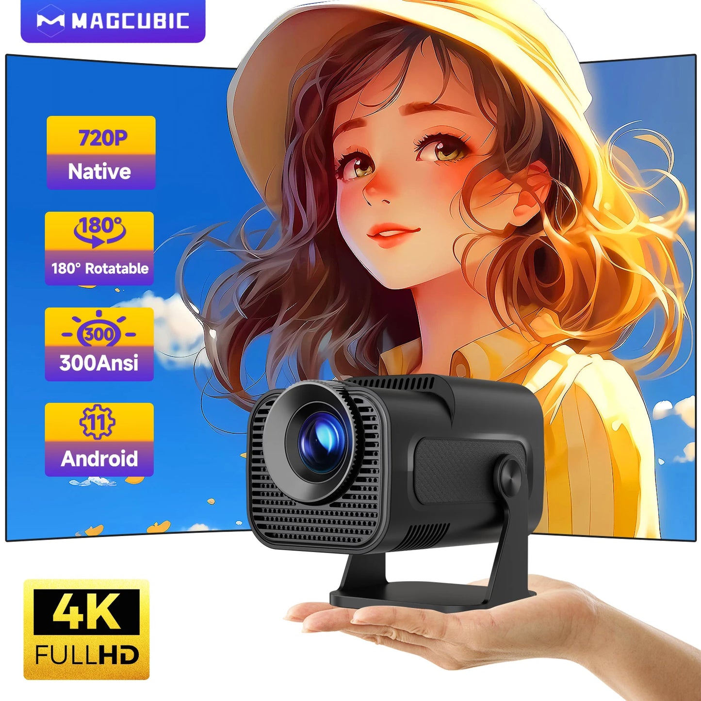 Magcubic HY320 Mini Newly Native 720P Android 11 4K Projector 300ANSI Wifi6 BT5.0 Cinema Outdoor Portable 180° Rotable Projector