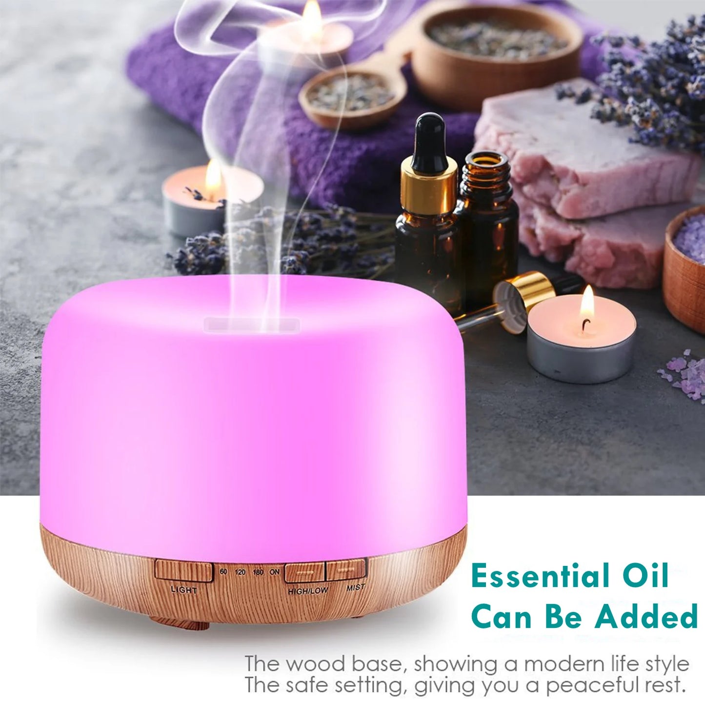 500ML USB Wood Grain Aroma Diffuser, Essential Oil Diffuser, Air Humidifier with Remote Control, Colorful Night Lights For Home