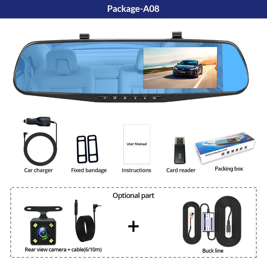 E-ACE Dashcam Car Dvr 4.3 Inch Mirror FHD 1080P Camera Dual Lens DVR  Rearview Mirror Dash Camera Car Video Recorder Auto