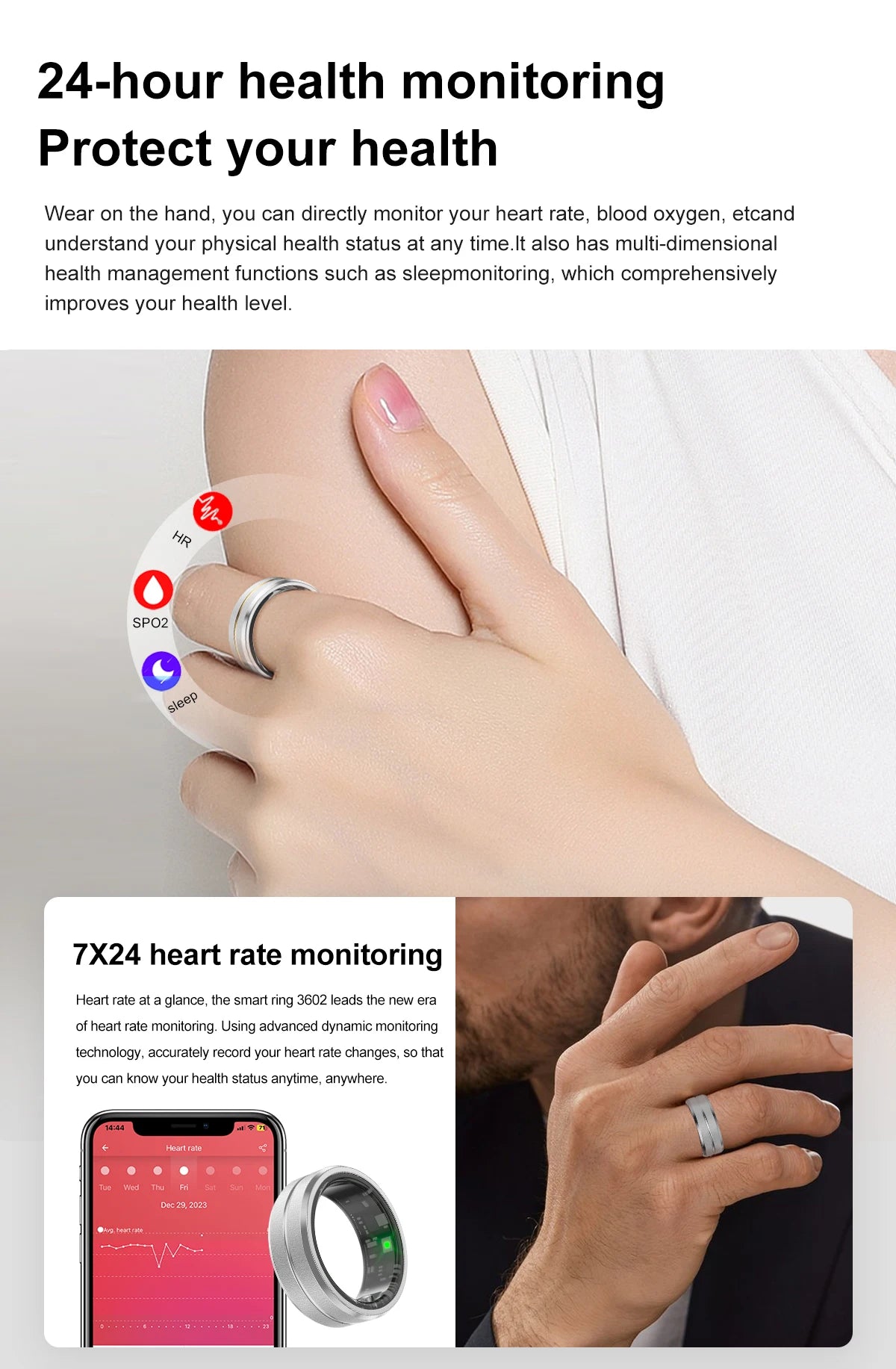 2024 Smart Ring For Men Women Heart Rate Blood Oxygen Monitoring Multi Sports Modes IP68 Waterproof Smart Rings For Android IOS