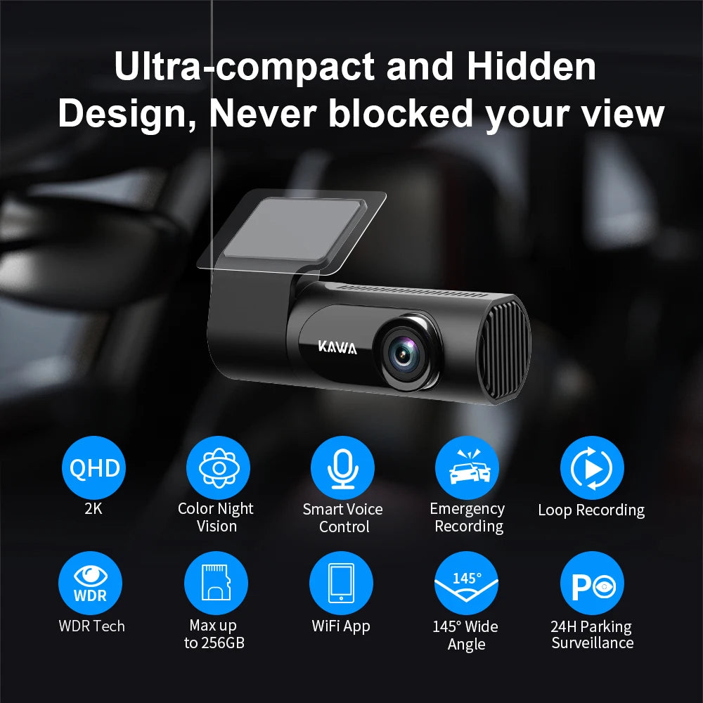 KAWA Car DVR D6 Dash Camera for Car 1440P Video Recorder EN RU FR JP Voice Control 24H Parking Mode App Control Night Vision