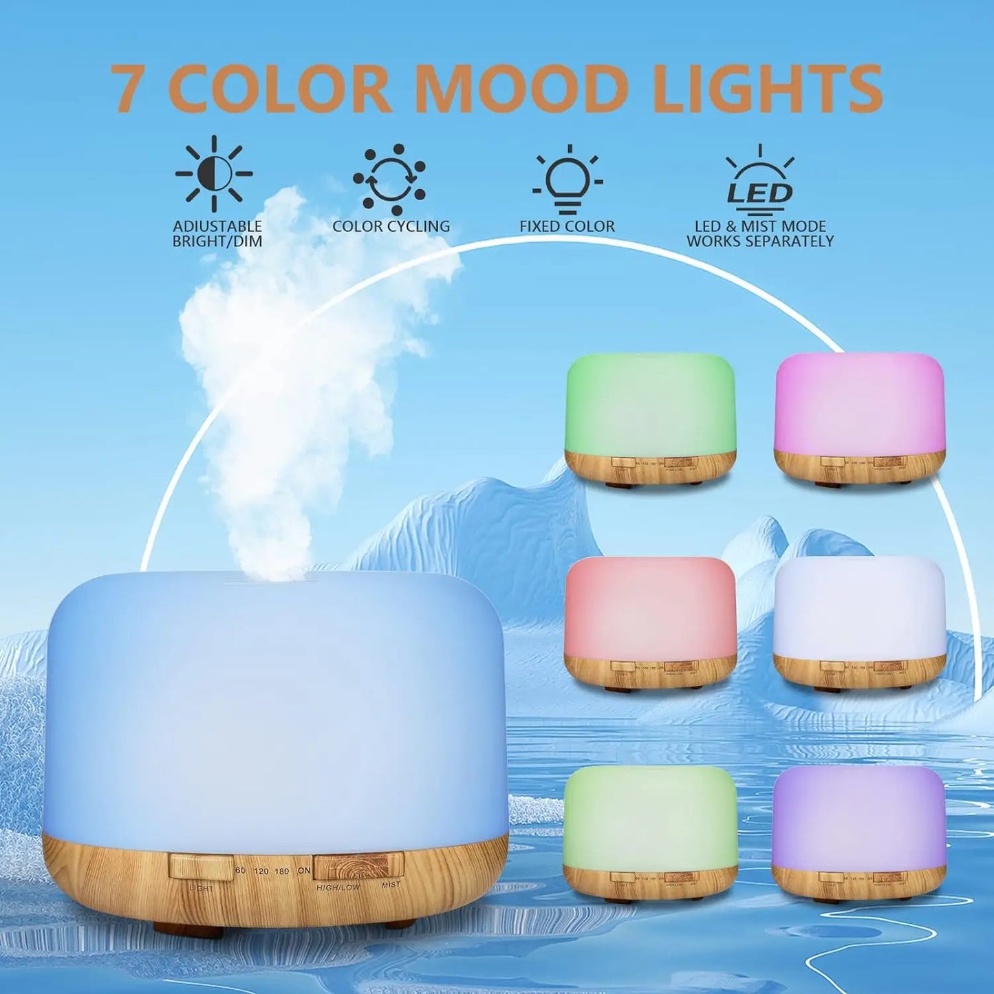 500ML USB Wood Grain Aroma Diffuser, Essential Oil Diffuser, Air Humidifier with Remote Control, Colorful Night Lights For Home