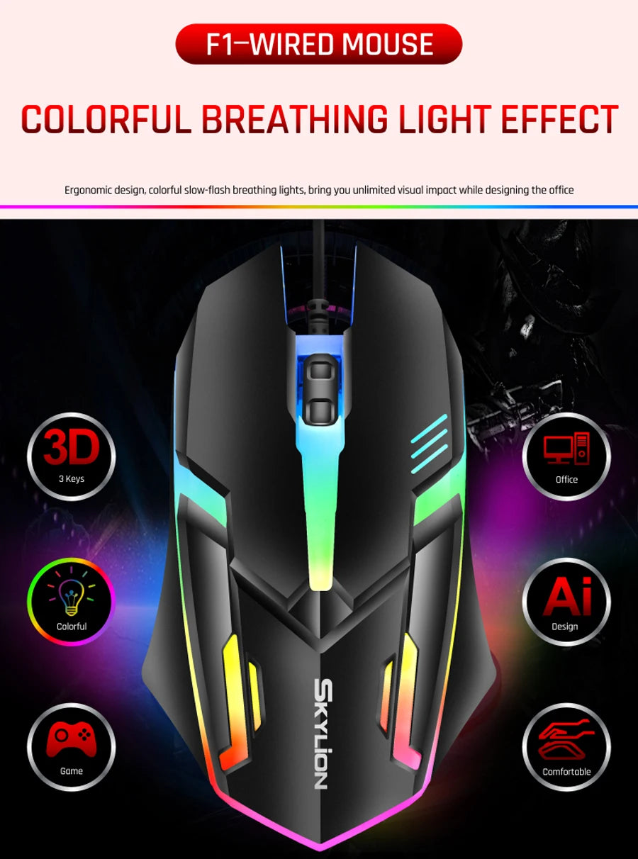 SKYLION F1 Wired 3 Keys Mouse Colorful Lighting Gaming and Office For Microsoft Windows and Apple IOS System