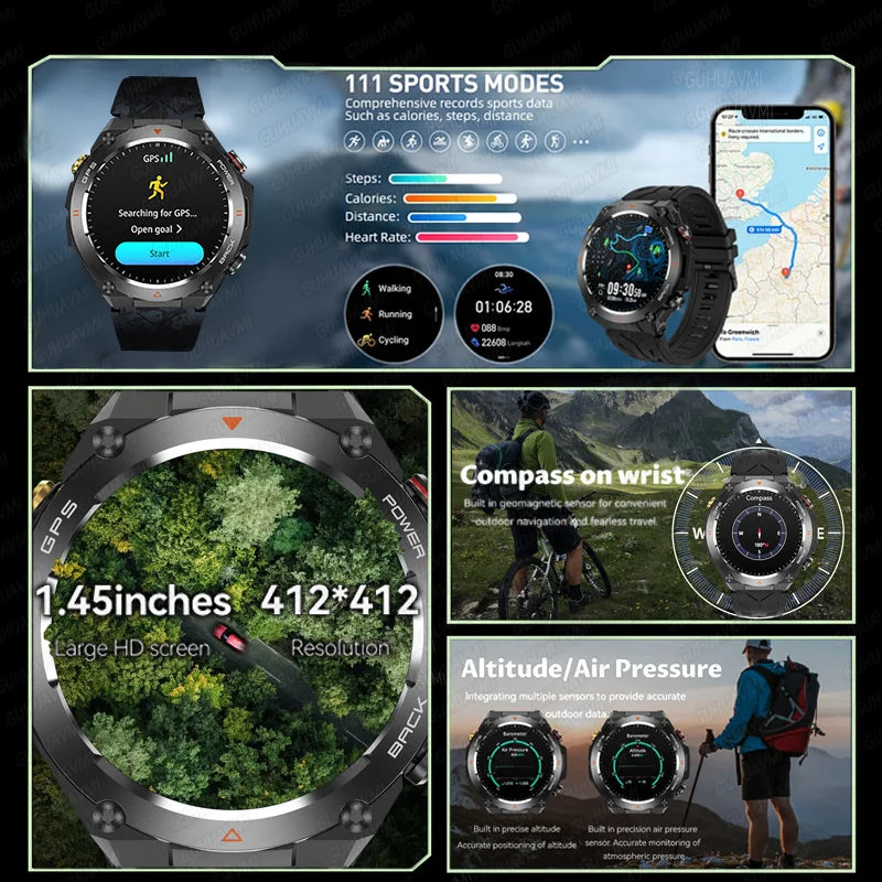 2024 New GPS Smart Watch 1.45" Ultra HD Display Built-in GPS & Compass Make/Receive Phone Calls 650mAh Battery Smart Braceletes