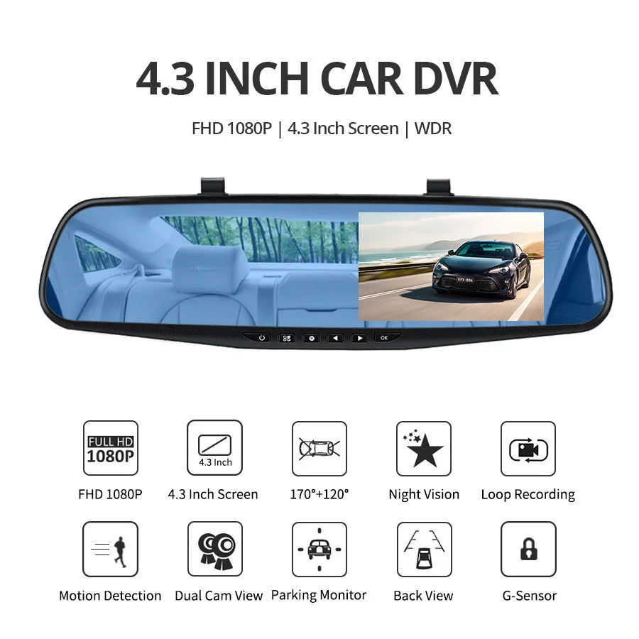 E-ACE Dashcam Car Dvr 4.3 Inch Mirror FHD 1080P Camera Dual Lens DVR  Rearview Mirror Dash Camera Car Video Recorder Auto