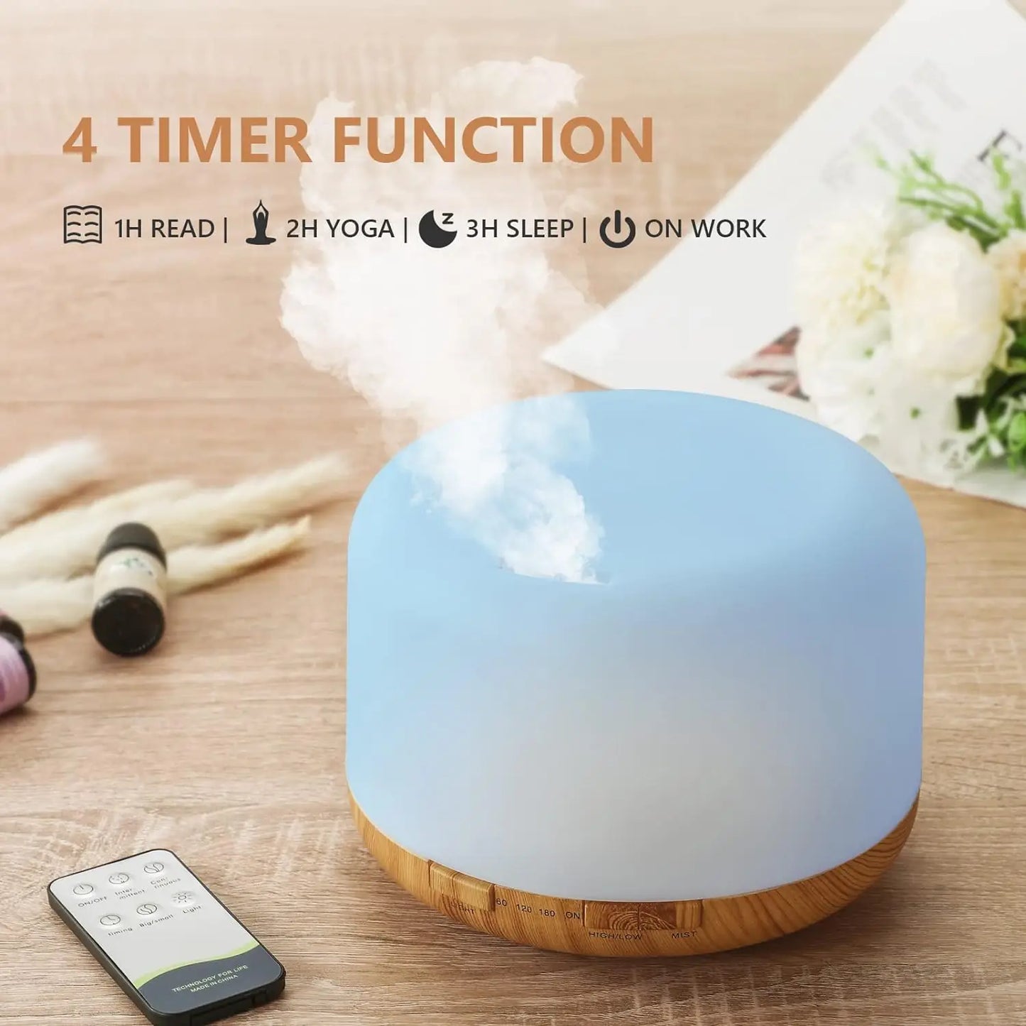 500ML USB Wood Grain Aroma Diffuser, Essential Oil Diffuser, Air Humidifier with Remote Control, Colorful Night Lights For Home