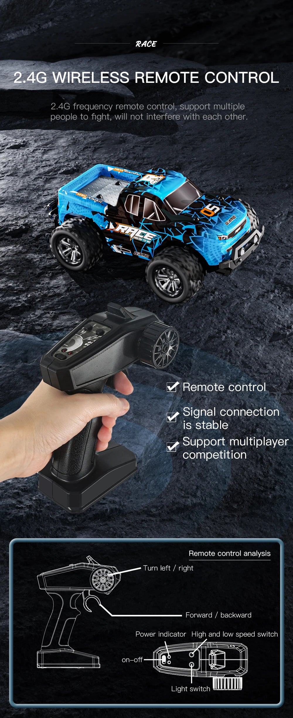 RC Car 1:16 2WD  with LED Light  2.4G 20KM/H High Speed Off-Road