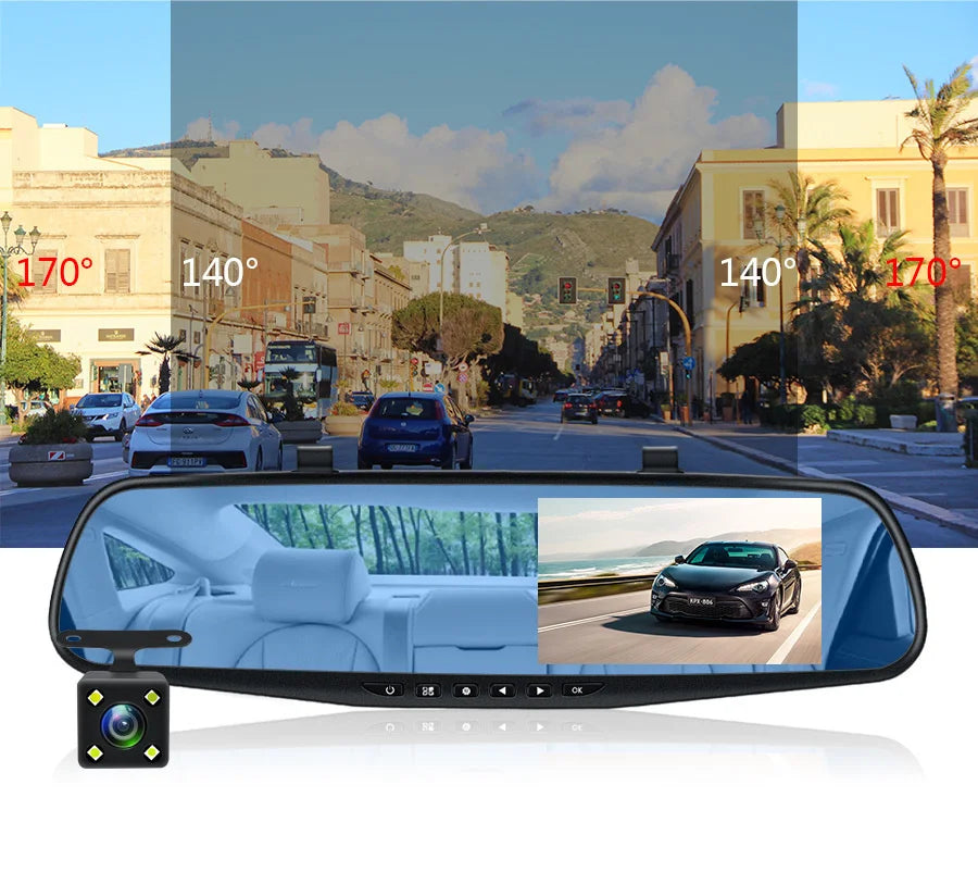 E-ACE Dashcam Car Dvr 4.3 Inch Mirror FHD 1080P Camera Dual Lens DVR  Rearview Mirror Dash Camera Car Video Recorder Auto